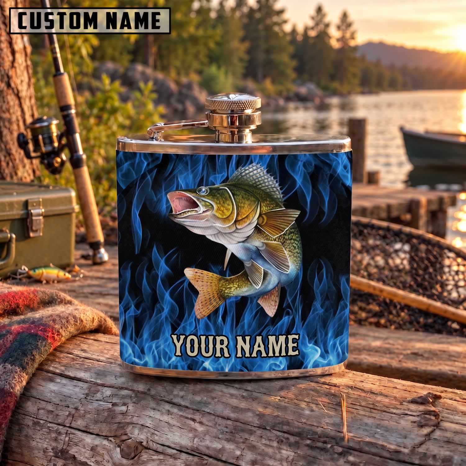 Maxcorners Fishing Largemouth Bass Dark Blue Flame Personalized Name 3D Hip Flask