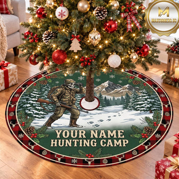 Maxcorners Hunting Deer Hunting Season Red Plaid Personalized Name 3D Christmas Tree Skirt