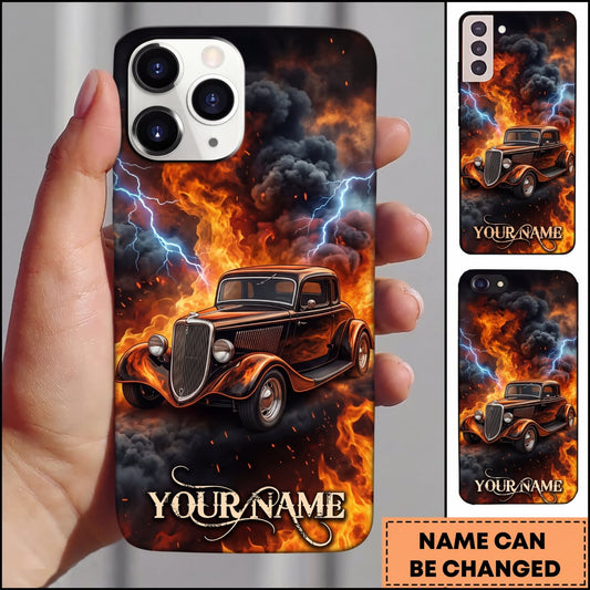 Maxcorners Vintage Hot Rod Orange Classic Car with Blue Lightning and Flame Personalized Name 3D Phone Case