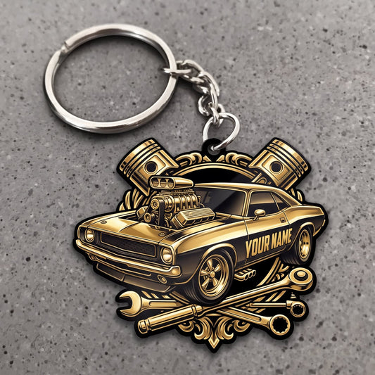 Maxcorners Classic Muscle Car Gold Vintage Coupe with Crossed Pistons and Wrenches Personalized Name 3D Keychain And Ornament