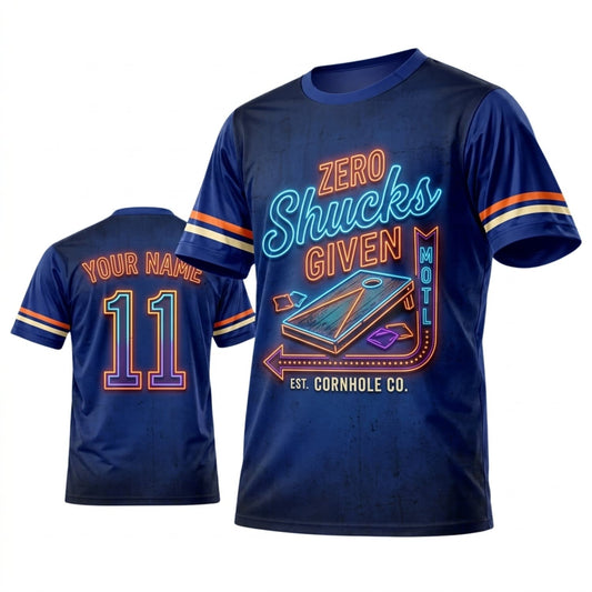 Maxcorners Cornhole Zero Shucks Given Navy Orange Personalized Name 3D Unisex Shirt