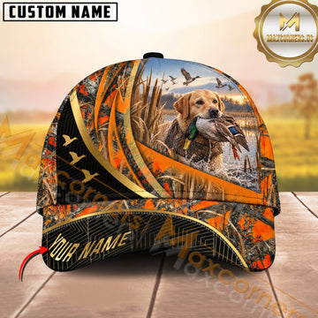 Maxcorners Dog Hunting And Duck Orange Camo Curved Stripe Marsh Hunting Scene Multiple Options Personalized Name 3D Cap