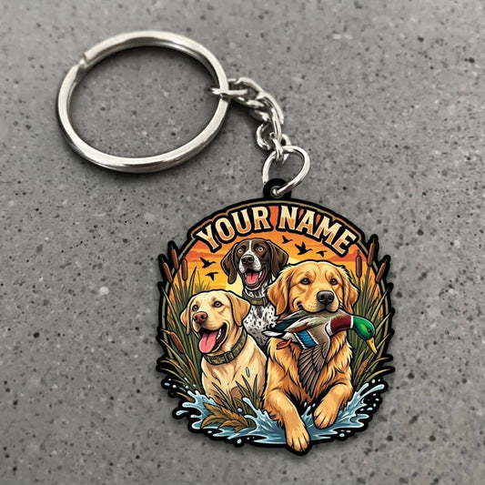 Maxcorners Duck Hunting Three Dogs Colorful Woodland Portrait Custom Name Gift 2D Flat Acrylic Ornament, Keychain