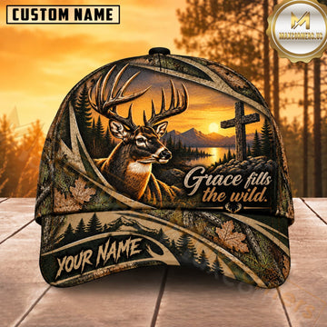 Maxcorners Deer Hunting Whitetail Buck Grace Fills the Wild Olive Camo Customized Name 3D Cap