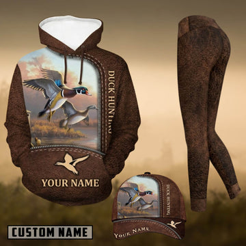 Maxcorners Hunting Duck Hunting Brown Leather Personalized 3D Combo Hoodie, Legging Set & Cap