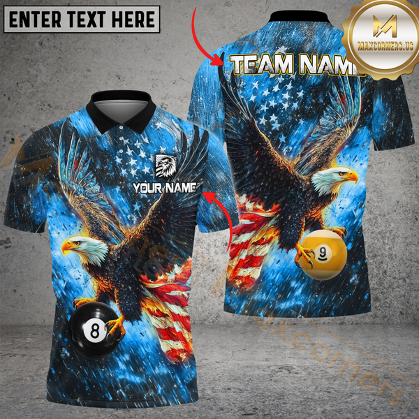 Maxcorners Billiard Ball 8 & Ball 9 Sky Eagle US Flag Personalized Name & Team Name Shirt (4 Colors)