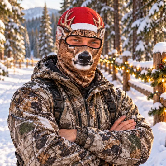 Maxcorners Whitetail Deer Buck Face Antlers Santa Claus Hat Snow Forest Personalized 3D Balaclava Face Mask