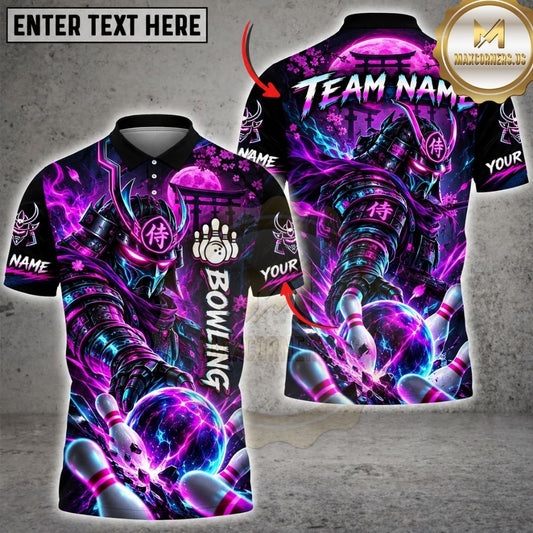 Maxcorners Bowling Cyberpunk Neon Samurai Warrior Japanese Pagoda Pins Strike Artwork Multicolor Customized Name, Team Name 3D Shirts