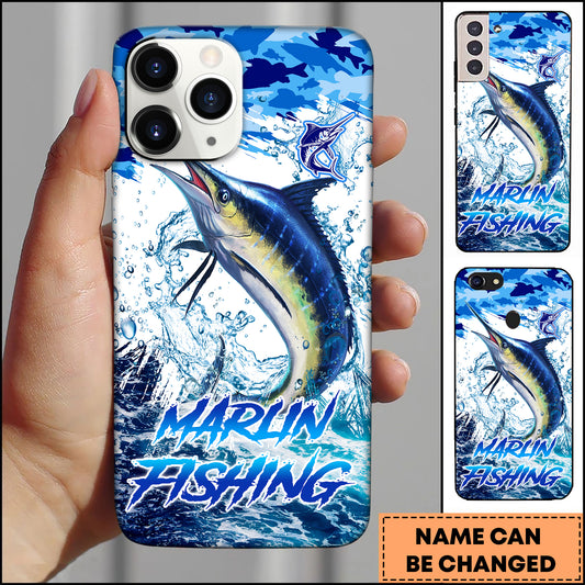 Maxcorners Marlin Fishing Blue Ocean Splash Art Personalized Name 3D Phone Case