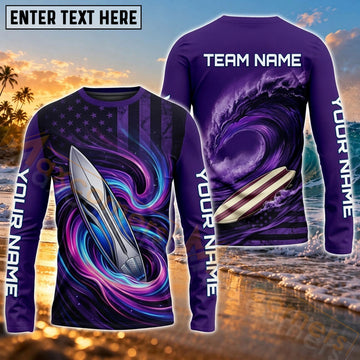Maxcorners Surfing Abstract Wave Graphic & Purple Tropical Ocean Art Customized Name, Team Name 3D Long Sleeve Shirt