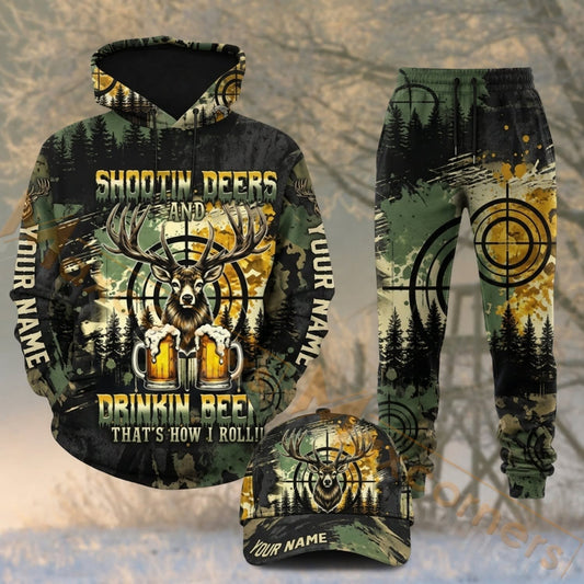 Maxcorners Hunting Whitetail Buck Crosshair Shooting Deer Personalized 3D Combo Hoodie, Sweatpants Set & Cap
