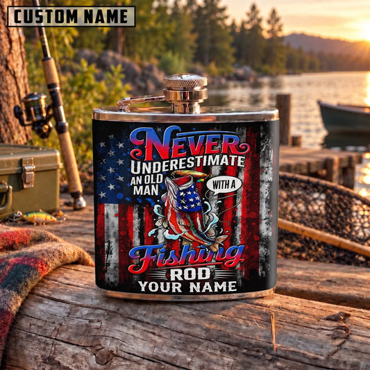 Maxcorners Fishing Never Underestimate A Man Who Loves Fishing American Flag Personalized Name 3D Hip Flask