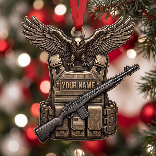 Maxcorners Veteran Eagle Wings Military Vest And Rifle Personalized Name 3D Keychain And Ornament