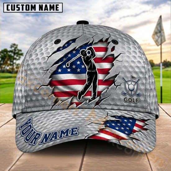 Maxcorners Golf USA Torn Flag Golfer Personalized Name 3D Cap