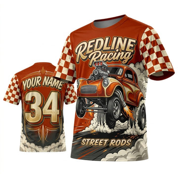 Maxcorners Personalized Car Classic Muscle Car 3D T-Shirt – Redline Racing Orange Cream Checkered Flag
