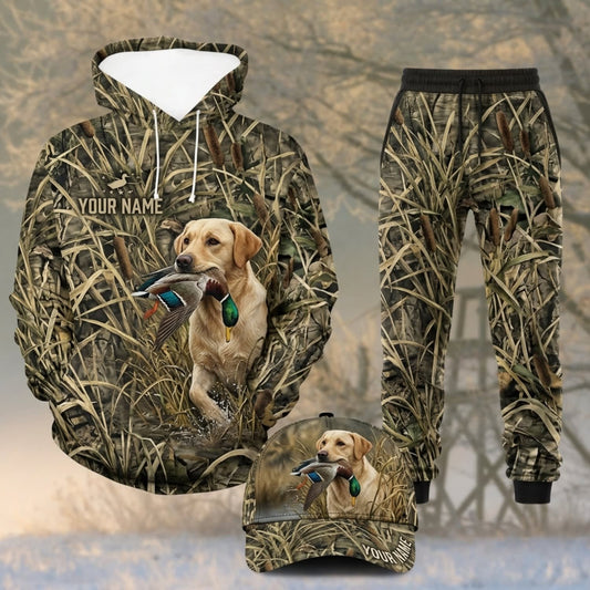 Maxcorners Duck Hunting Yellow Labrador White Hood Grass Camo Personalized 3D Shirts
