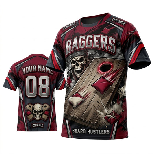 Maxcorners Cornhole Baggers Vintage Skull Burgundy Personalized Name 3D Unisex Shirt