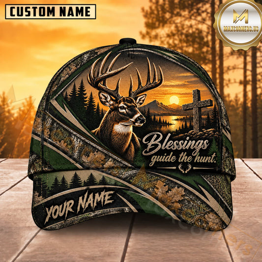 Maxcorners Deer Hunting Whitetail Buck Blessings Guide the Hunt Forest Green Camo Customized Name 3D Cap