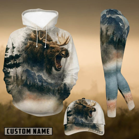 Maxcorners Hunting Moose Mountain Forest Watercolor Personalized 3D Combo Hoodie, Legging Set & Cap