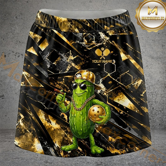 Maxcorners Pickleball Black Gold Grunge Pickle Character Personalized 3D Skort, Skirts With Shorts