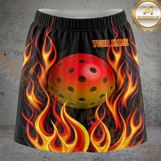 Maxcorners Pickleball Black Orange Inferno Ball Personalized 3D Skort, Skirts With Shorts