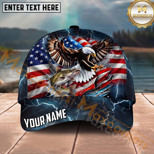 Maxcorners Fishing Patriotic Eagle Storm Personalized Name 3D Cap (12 Fish Species)