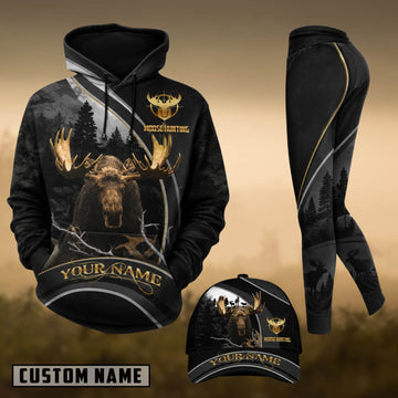 Maxcorners Hunting Moose Hunting Black Gold Forest Personalized 3D Combo Hoodie, Legging Set & Cap