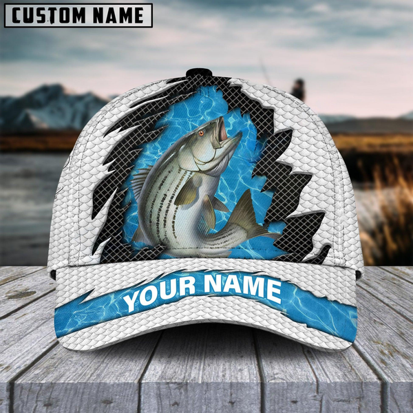 Maxcorners Striped Bass Fishing White Blue Wave Fishnet Customized Name 3D Cap