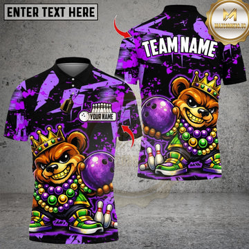 Maxcorners Bowling King Mardi Gras Teddy Bear Multicolor Customized Name, Team Name 3D Shirts