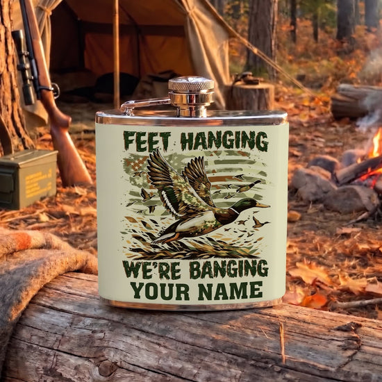 Maxcorners Hunting Duck Feet Hanging Funny Quote Design Personalized Name 3D Hip Flask