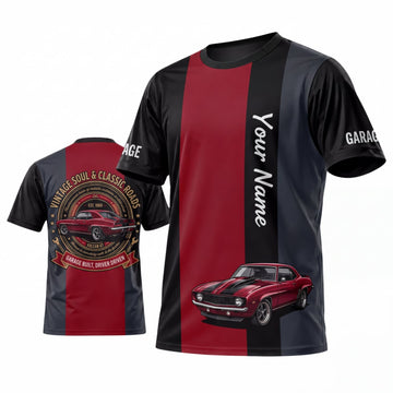 Maxcorners Personalized Car Classic Muscle Car 3D T-Shirt – Black Burgundy Racing Stripes and Red Classic Car
