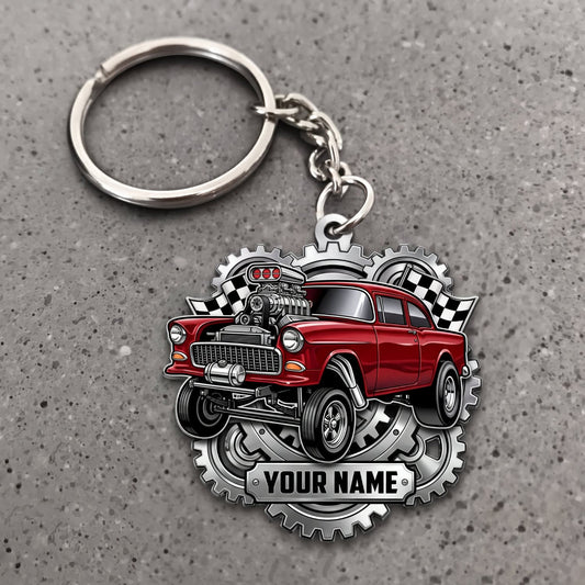 Maxcorners Classic Muscle Car Red Vintage Coupe with Chrome Engine and Gear Frame Personalized Name 3D Keychain And Ornament