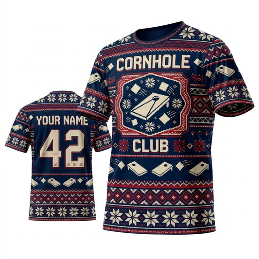 Maxcorners Cornhole Club Christmas Ugly Sweater Personalized Name 3D Unisex Shirt