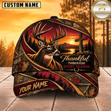 Maxcorners Deer Hunting Whitetail Buck Thankful Through Every Season Burgundy Camo Customized Name 3D Cap