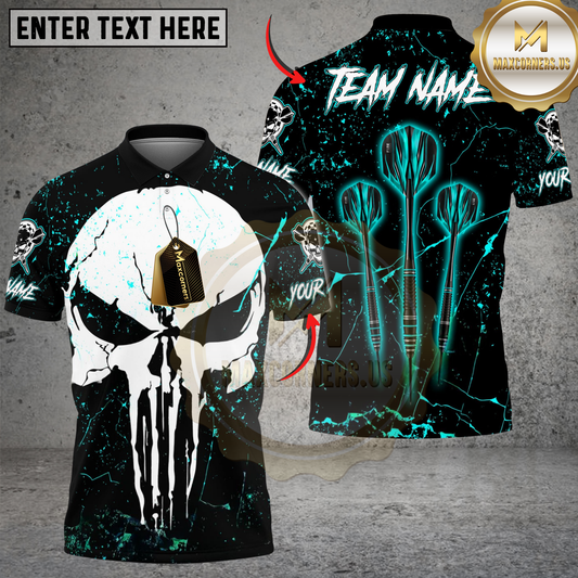 Maxcorners Darts Triple Arrow Punisher Skull Personalized Name, Team Name Shirt (4 Colors)