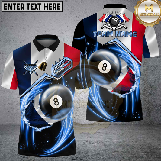 Maxcorners Billiards France Flag 8 Ball Blue Energy Swirl Personalized Name 3D Unisex Shirt