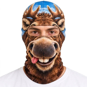 Maxcorners Goofy Moose Face Antlers Tongue Out Teeth Silly Wildlife Personalized 3D Balaclava Face Mask