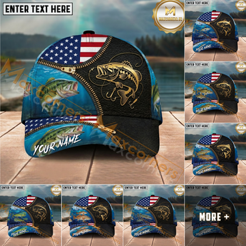Maxcorners Fishing American Flag Leather Zipper Personalized Name 3D Cap (12 Fish Species)