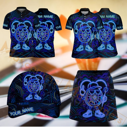 Maxcorners Darts Neon Dartboard Design Personalized Team Sportswear Set - Polo Shirt, Cap & Skorts
