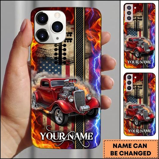 Maxcorners Hot Rod Red Vintage Car with Split Fire and Blue Lightning Personalized Name 3D Phone Case