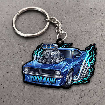 Maxcorners Hot Rod Electric Blue Classic Coupe with Neon Flames and Supercharged Engine Personalized Name 3D Keychain And Ornament