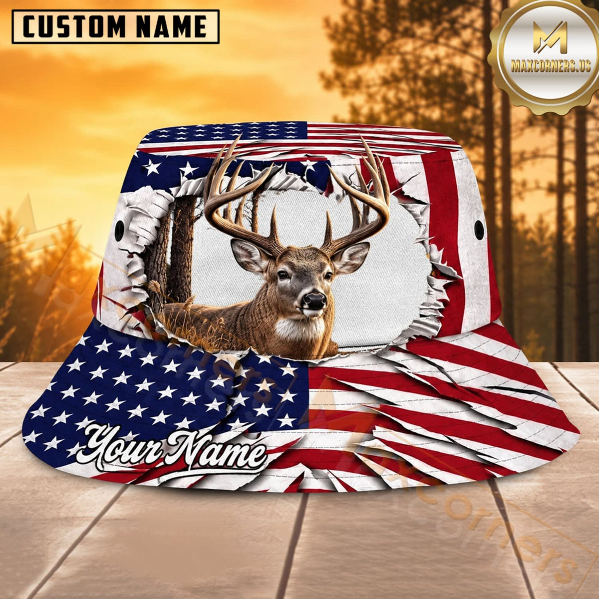 Maxcorners Deer Hunting White Patriotic Antler Personalized Name 3D Bucket Hat