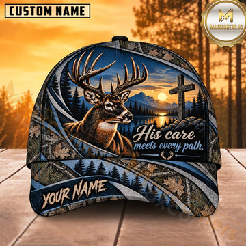 Maxcorners Deer Hunting Whitetail Buck His Care Makes Our Path Navy Blue Camo Customized Name 3D Cap