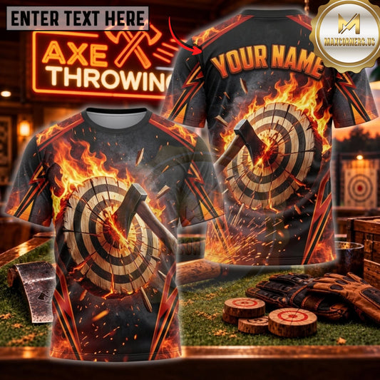 Maxcorners Axe Throwing Molten Fire Axe Bullseye Personalized Name 3D Unisex Shirt