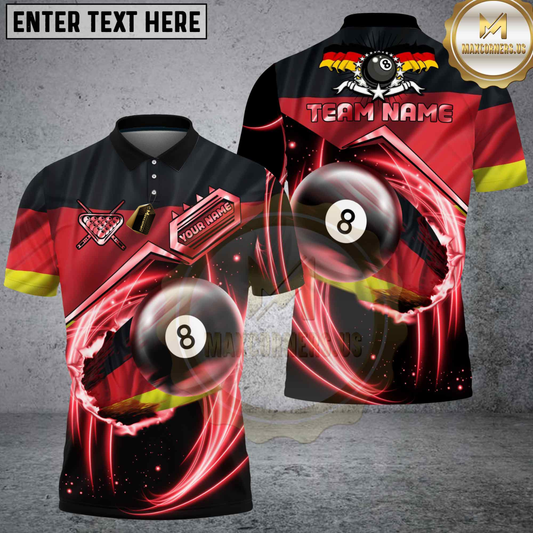 Maxcorners Billiards Germany Flag 8 Ball Red Lightning Swirl Personalized Name 3D Unisex Shirt
