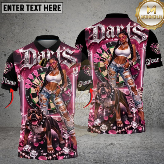 Maxcorners Darts Hip Hop Girl & Pitbull Dog Diamond Multicolor Customized Name, Team Name 3D Shirt For Women