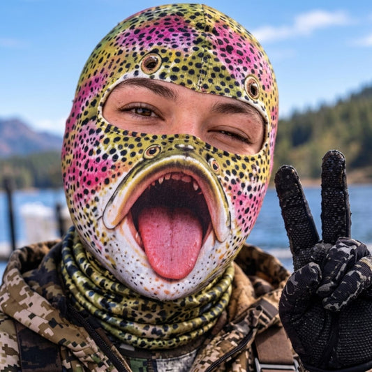 Maxcorners Rainbow Trout Fish Wide Open Mouth Tongue Out Pink Spotted Scales Personalized 3D Balaclava Face Mask