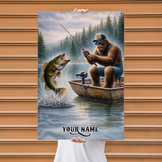 Maxcorners Largemouth Bass Fishing Bigfoot Rustic Angler Scene Style Personalized Name 3D Poster