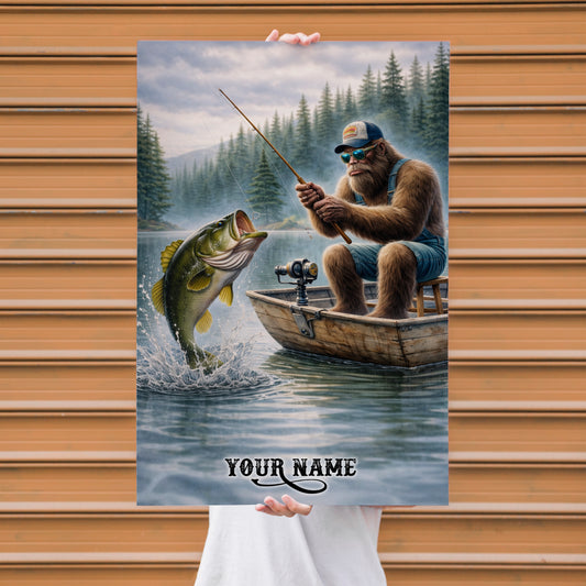 Maxcorners Largemouth Bass Fishing Bigfoot Calm Lake Scene Style Personalized Name 3D Poster