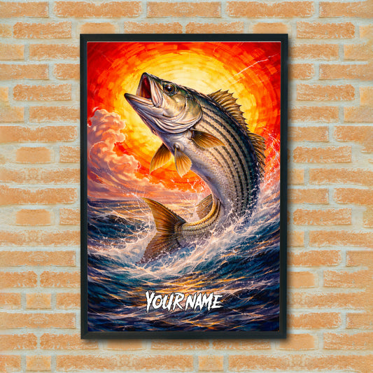 Maxcorners Striped Bass Fishing Burning Horizon Wave Style Personalized Name 3D Poster